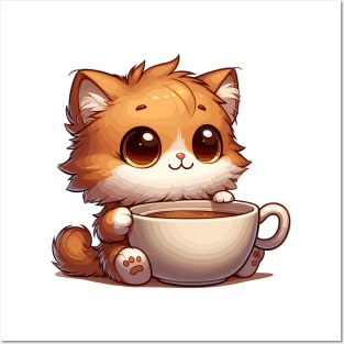 Cozy Kitten in Coffee Cup: Purr-fect Morning Illustration Posters and Art